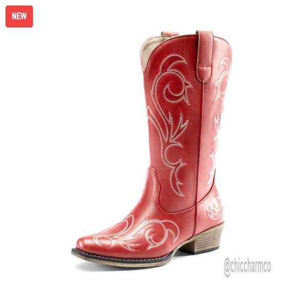 Women's Mid Calf Cowboy Boots Square Toe Chunky Heel Embroidery Western
